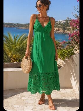 NWT Invitee Vibrant Green Cotton Cutout Embroidered Boho Maxi Dress XS